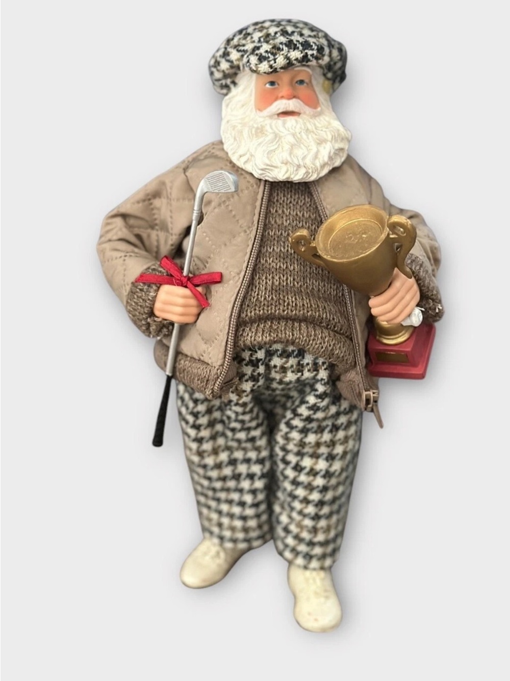 Vintage Golfing Santa Claus Trophy Plaid Christmas Figure 11”